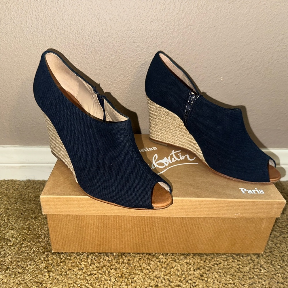 Christian Louboutin Navy and Tan Wedge Shoes